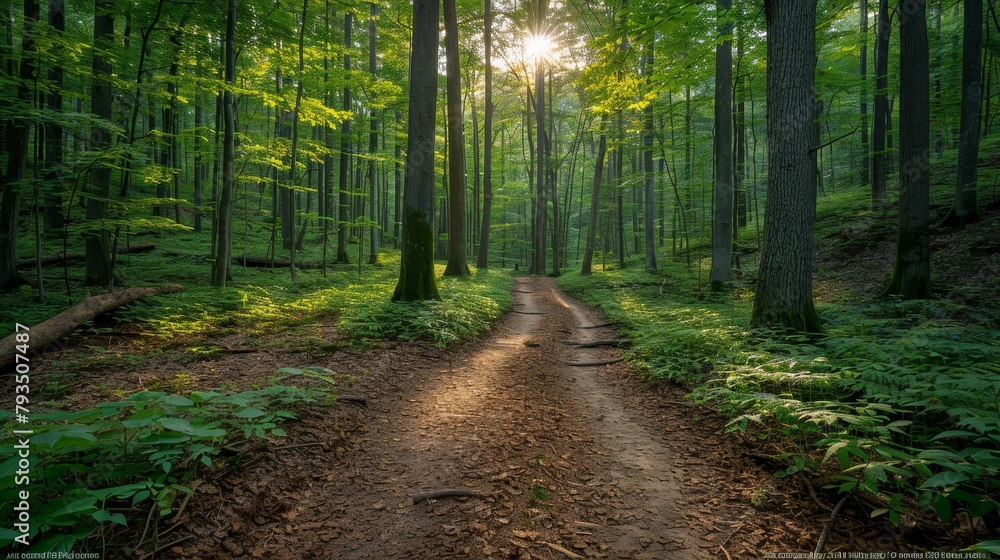 Poster a serene environment with sunlight filtering through tall trees creates natural tranquility in the d