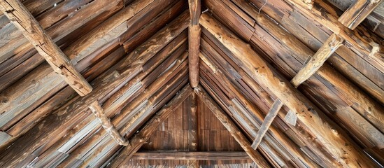 Close-up view of a wooden roof with intricate details and a wooden door, showcasing the fine craftsmanship of the architecture
