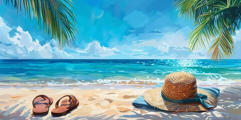 Vacation Clothing straw hat, flip-flops, and towel over an energetic tropical beach beige sand with a backdrop of teal sea and the sky and space, Generative AI. - obrazy, fototapety, plakaty