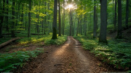 Obraz premium A serene environment with sunlight filtering through tall trees creates natural tranquility in the dense foliage of an evergreen forest