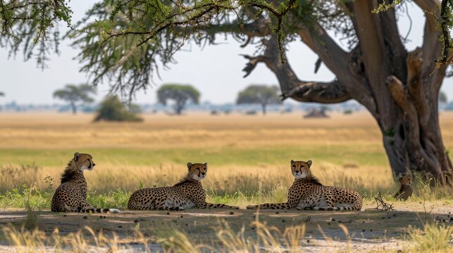 Cheetahs Resting Under Tree in Savanna. Trio of cheetahs relax under the shade of an acacia tree, surveying the sprawling African savanna.