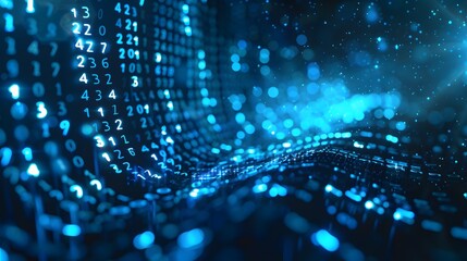 In the digital age, a technology background featuring dark space illuminated by flowing blue glowing binary code and numbers underscores the critical importance of data privacy and the safeguarding