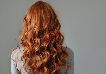 Young woman with long curly ginger hair on gray background, back view.