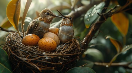 Fototapeta premium Hummingbirds Caring for Eggs in a Cozy Nest. Two hummingbirds tend to their eggs in a well-crafted nest among the leaves, showcasing the nurturing side of wildlife.