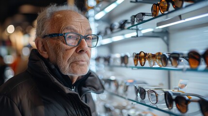 In a nearby optical store, an old man spends time experimenting with distinct spectacles from a variety of shelves with glasses and space, Generative AI.