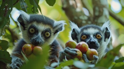 Naklejka premium Ring-Tailed Lemurs Feasting on Fruit in Trees. Inquisitive ring-tailed lemurs clutching ripe fruit among the lush leaves of their forest home.