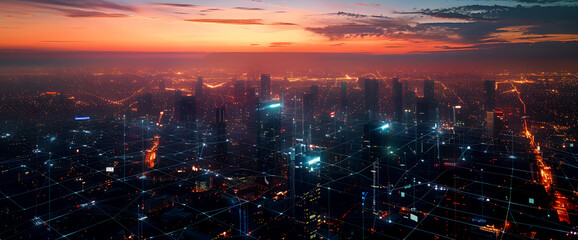 Holographic modern cityscape with digital data lines and night sky background, concept of global network connection technology. artificial, modern, connection, information, artificial, tech, cyberspac