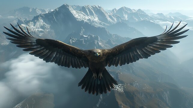 Majestic Eagle Soaring Over Snow-Capped Mountains. Eagle soars with outstretched wings high above the breathtaking snow-capped mountain range, under the clear blue sky.