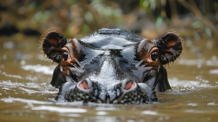 Hippopotamus Partially Submerged in River Water. Cautious hippopotamus peeks above the river surface, with its ears, eyes, and nostrils emerging from the murky waters. - obrazy, fototapety, plakaty