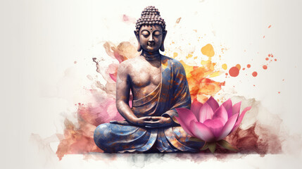 Buddha statue with lotus flower on watercolor splashes background, copy space. Buddha Purnima. Vesak day. Meditating Buddha and Pink Lotus on a white background, illustration in watercolor style