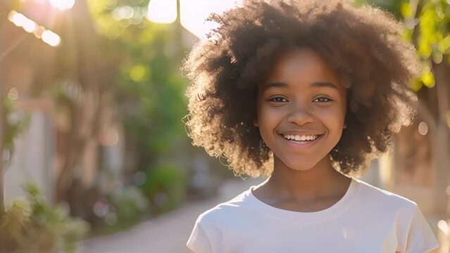 A young black girl confidently flaunts her natural curls and carries a bright smile in a simple yet stylish tshirt and jeans. Her carefree attitude and youthful energy embody the beauty .