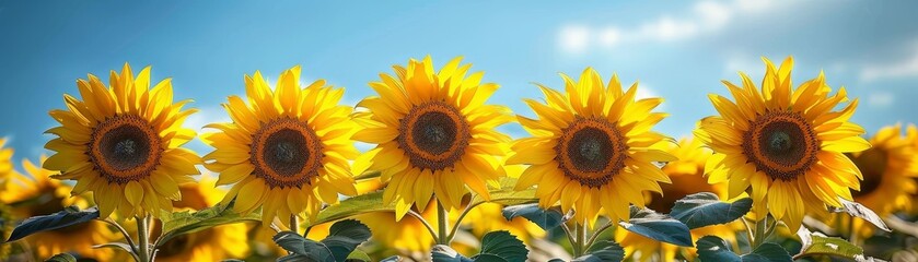 Obraz premium Scenic sunflower field under clear skies, vibrant yellow blooms and green leaves, picturesque and uplifting landscape, wide view