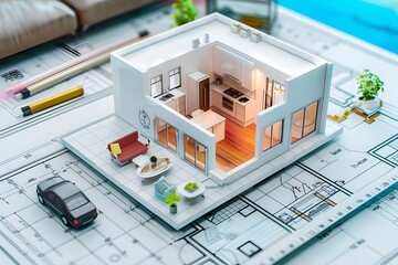 3d model of a house, 3d model house on architecture floorplan paper with blur background copy space