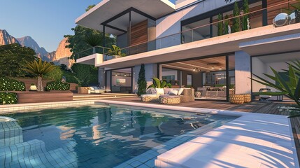There is a modern house with a pool. The house is made of glass and wood and has a large open living area - obrazy, fototapety, plakaty