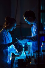 Fototapeta premium Professional Photography of a team of engineers conducting experiments in a research lab late at night, Generative AI