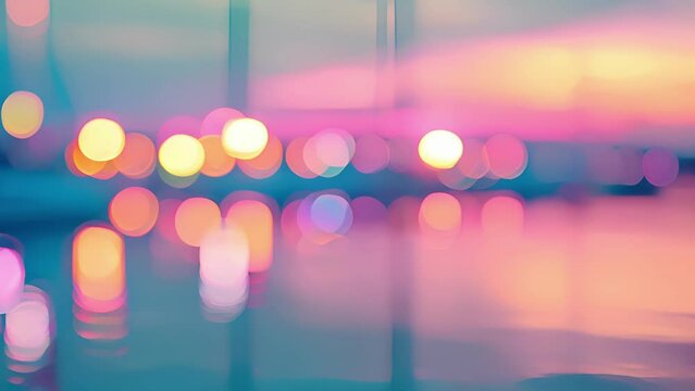 Defocused background image #3 Blurred orbs of pink blue and yellow blend together in a dreamy display reflecting off the tranquil harbor and setting the scene for a magical evening. .