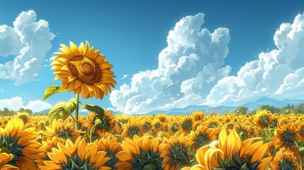 Sunflower illustration in a vibrant field, abstract and graphic design, bright yellow sunflowers against a blue sky, stylized and artistic