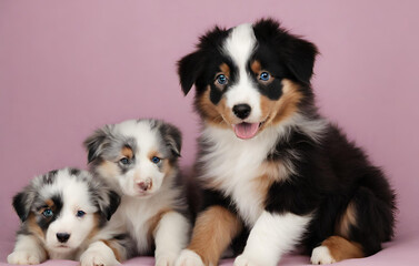 border collie puppies on pink bacground - obrazy, fototapety, plakaty