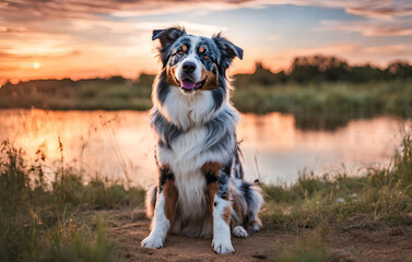Australian shepherd puppy playing with owner and other dogs on the beach and in the grass ai
