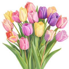 Obraz premium A stunning bouquet featuring multicolored tulips in vibrant shades of pink purple and yellow is showcased against a isolated on white close up floral wallpaper background exuding the essenc