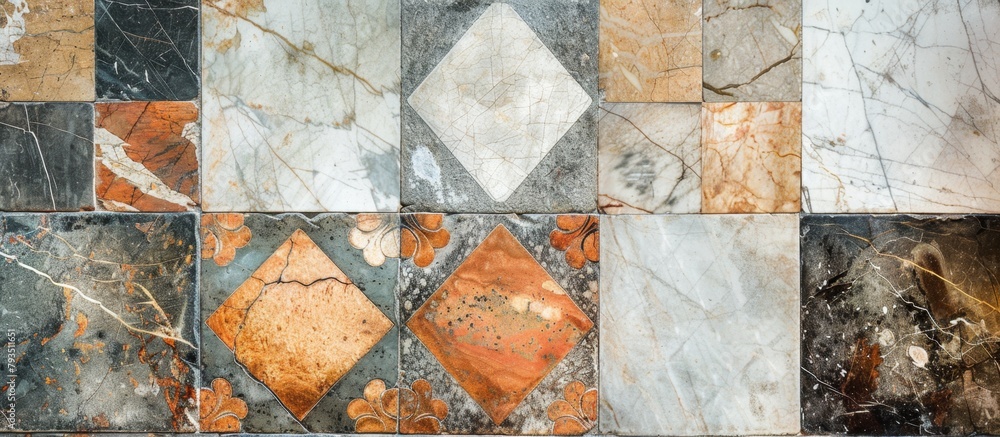 Aufkleber Detailed close-up view of a wall adorned with an array of differently colored and patterned tiles, creating a vibrant mosaic design