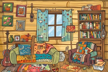 Cartoon cute doodles of a cozy cabin interior with colorful quilts, wooden furniture, and rustic accents, Generative AI