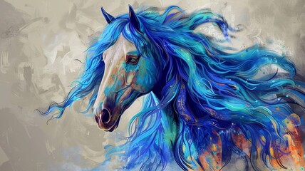 An AI generated illustration of a horse with a vibrant blue wig