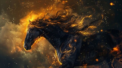 An AI generated illustration of a black horse with golden flames