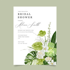 Topical Greenery Bridal Shower Invitation Card with Beautiful Anthurium Flower, Lotus Fruits, Rose and Monstera Leaf