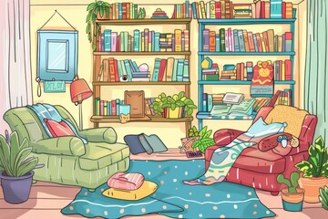 Cartoon cute doodles of a cozy cabin interior with colorful quilts, wooden furniture, and rustic accents, Generative AI
