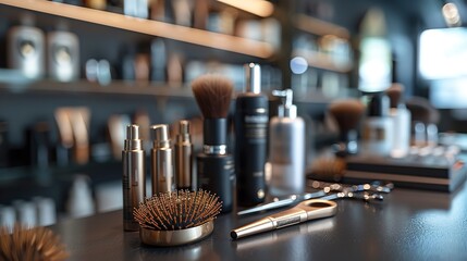 A close shot of set of hair dresser tools on table in a saloon with beautiful lighting and big space for text or product advertisement backdrop, Generative AI.