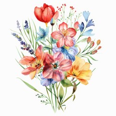 Colorful watercolor spring flowers, isolated bouquet, perfect for clipart