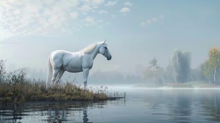 An AI generated illustration of a majestic white horse stands proudly on the edge of a lake
