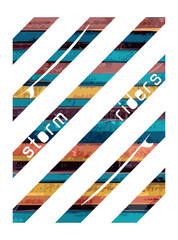 Vector illustration of diagonal stripes with multicolored texture with surfboards silhouettes and text.