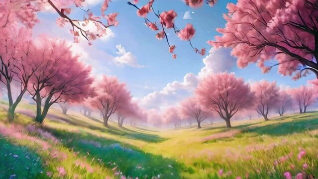 Grassy hillside with pink cherry blossom trees