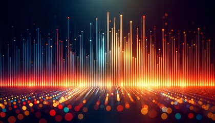 a vibrant digital sound spectrum or equalizer with ascending bars of light in red and orange tones against a dark background, suggesting musical rhythm, audio visualization, or digital data analysis.