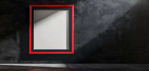 One solitary large empty frame with a bold red border on a stark black wall, spotlighted by a high-intensity light