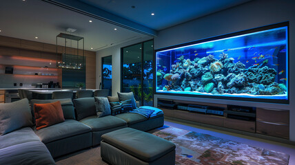 Open concept living room with an ultra-modern aquarium as the focal point, integrated seamlessly into the wall, providing a tranquil backdrop.