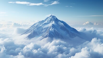 Snow-capped mountain summit rising majestically above clouds, against a backdrop of an intense blue sky The image highlights the pristine beauty of the snow, AI Generative