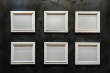 Six minimalist white frames on a jet black wall, creating a striking contrast in a contemporary art gallery