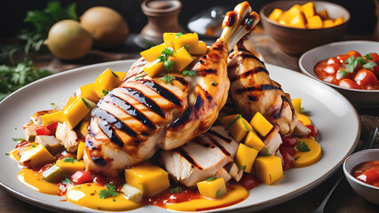 high-end styling image, fine dine of grilled of chicken and mango in salsa sauce, high quality, 8K Ultra HD, masterpiece, realistic photo, wash technique, colorful, pale touch, smudged outline, like a