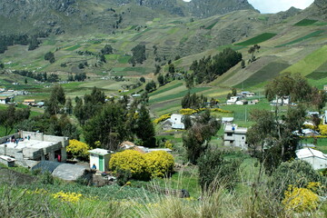 Houses and fields in a mountain valley outside of Latacunga, Ecuador