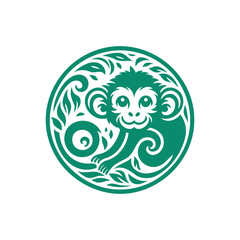 Green and White Illustration of Monkey Ornament on Circle