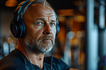 Mature Man with Headphones Resting at Gym