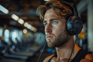 Focused Male Athlete Wearing Headphones in Gym