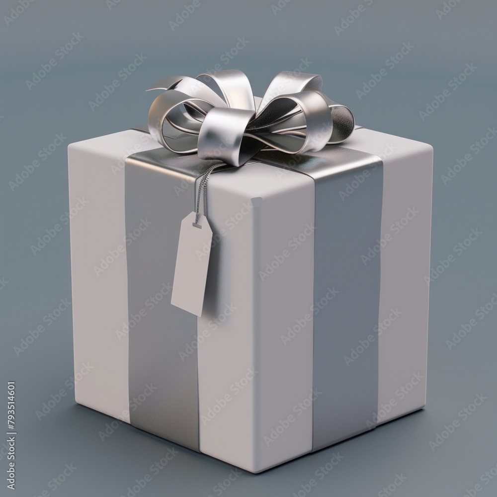 Poster create a 3d rendering of a sophisticated gift box tied with a silver ribbon bow, ai generative