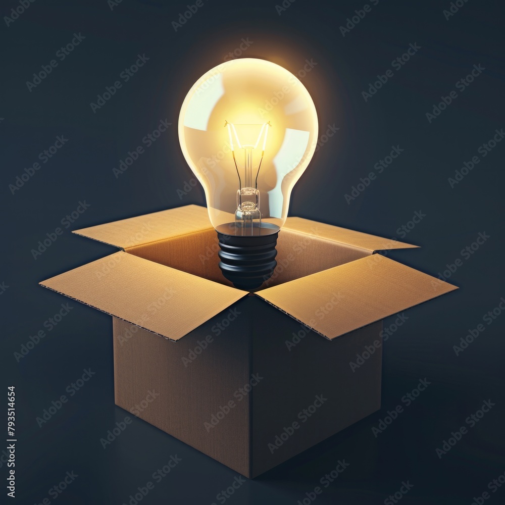 Poster design a 3d icon featuring a lightbulb illuminating outside an open cardboard box, symbolizing innov