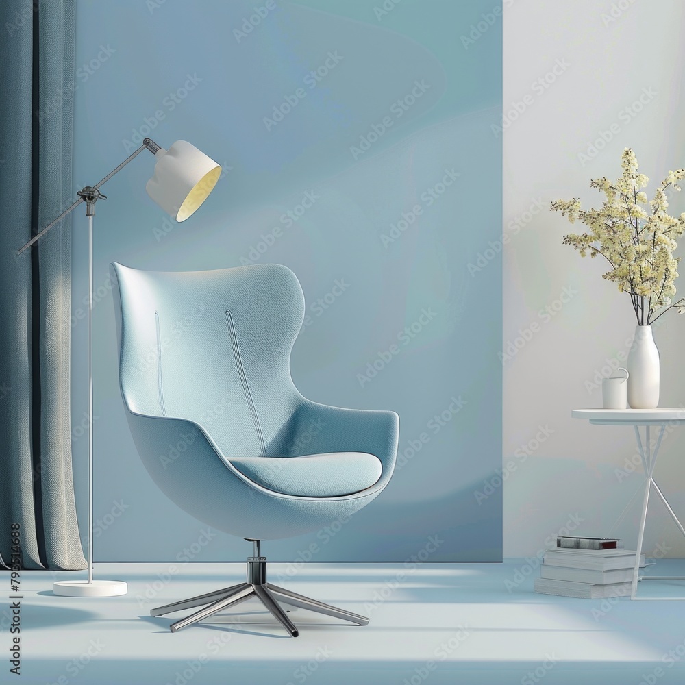 Poster design a 3d illustration that features a modern blue chair set against the backdrop of a simple yet 