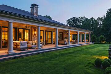 Upscale home facade at night soft lights finest porch furniture and botanical lawn.