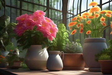 A cozy greenhouse room with flowers in pots on a table, a gardener's hand lovingly tending to a pot of flowers amidst the warm, humid air.